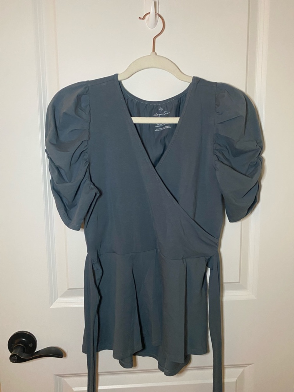 Puff-Sleeve Wrap Blouse in Slate Blue